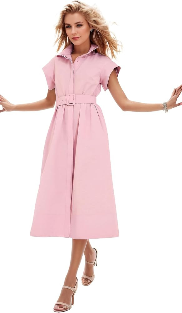 Ladyful Women Casual Button Down Shirt Dress Short Wing Sleeve Buiness Midi Shirt Dress with Belt... | Amazon (US)