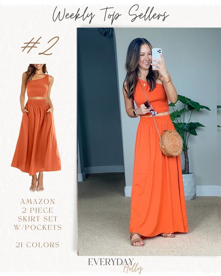 25% off this Amazon 2 Piece Outfit One Shoulder Smocked Crop Top & Waist Long Skirt Dress Set with Pockets - petite friendly - the perfect vacation outfit!  I'm 5'1", 110lbs wearing a small in orange red.  
Sandals TTS
I linked my favorite strapless bra  



#LTKstyletip #LTKsalealert #LTKunder50