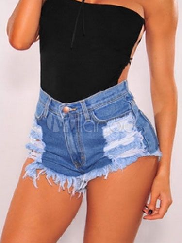 High Waisted Jeans Women's Ripped Distressed Skinny Blue Denim Shorts | Milanoo