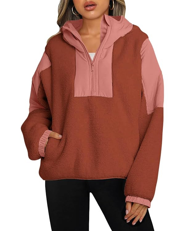 Panadila Womens Half Zip Pullover with Pockets Sherpa Hoodie Oversized Hooded Sweatshirt Warm Fle... | Amazon (US)