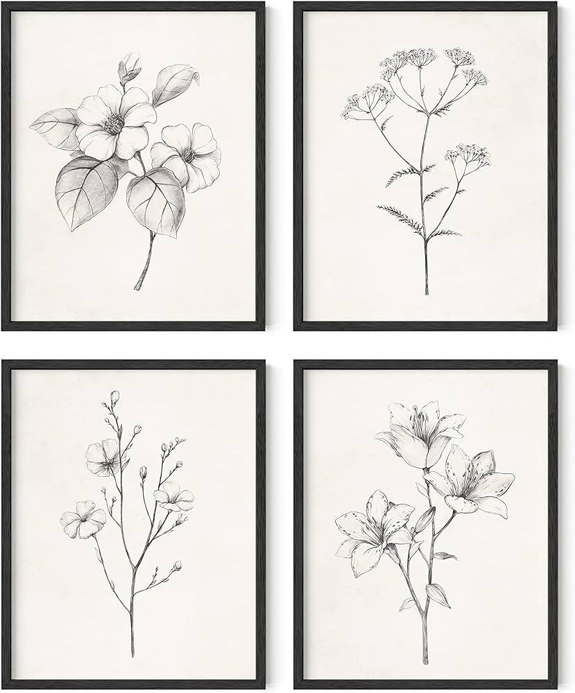 HAUS AND HUES Grey Floral Wall Art - Set of 4 Plant Posters for Wall Vintage, Botanical Prints, B... | Amazon (US)