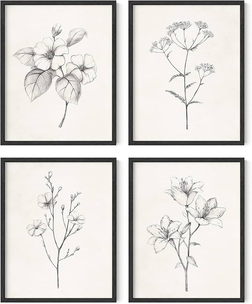 HAUS AND HUES Grey Floral Wall Art - Set of 4 Plant Posters for Wall Vintage, Botanical Prints, Black and White Flower Pictures for Room Aesthetic, Farmhouse Bathroom, Rustic Art (11x14, UNFRAMED) | Amazon (CA)