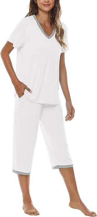 JINSHI Women's Pajamas Set Short Sleeve Top and Capri Pants Lightweight Sleepwear Comfy Pjs Loung... | Amazon (US)