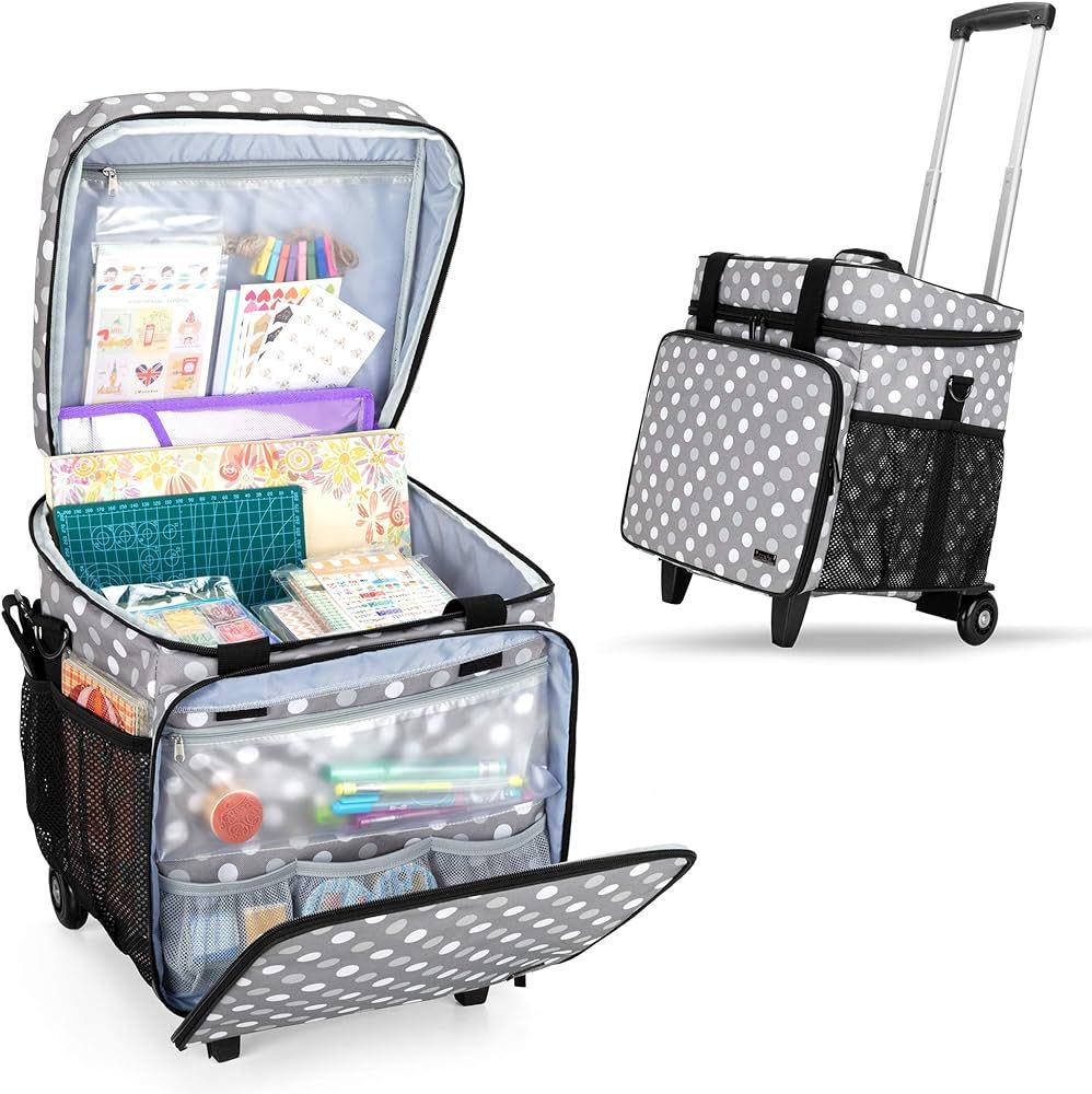 Luxja Rolling Scrapbook Tote, Scrapbook Bag with Detachable Dolly (Patented Design), Gray Dots | Amazon (US)