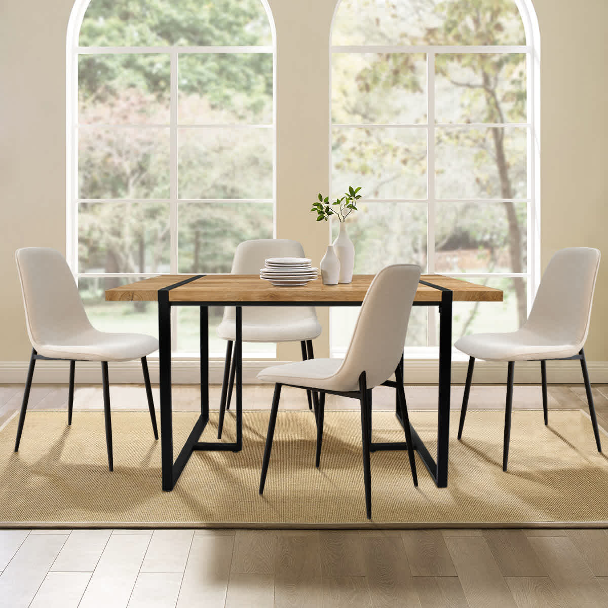 Maison Boucle 5-Piece Modern Dining Table Set 59 Inches Rectangular Table with 4 Upholstered Beige Chairs one_size in White | CHARLS+OSLOBK-BEIGE | Lowe's