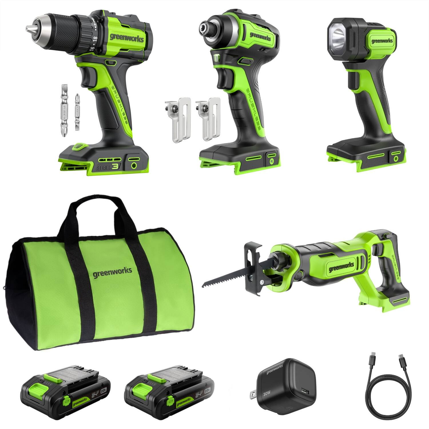 Greenworks - 24V Brushless 4-Piece Power Tool Combo Kit with (2) 2.0Ah USB-C Batteries and 30W USB-C Charger - Green | Best Buy U.S.