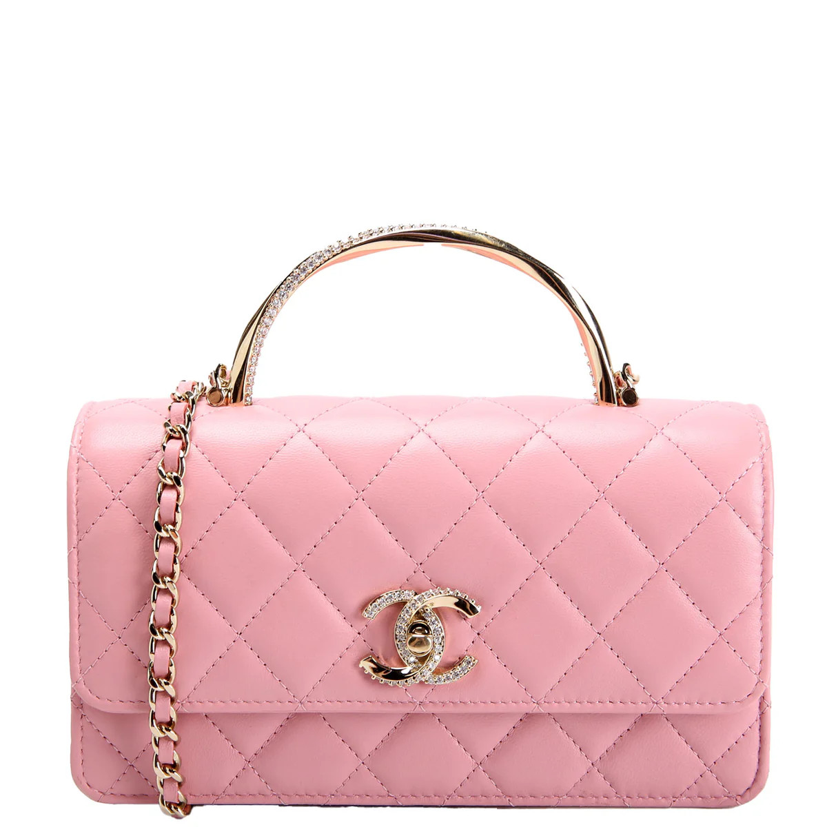 Crystal CC Top Handle Phone Holder Lambskin (RFID) Pink/Gold | Keeks Designer Handbags