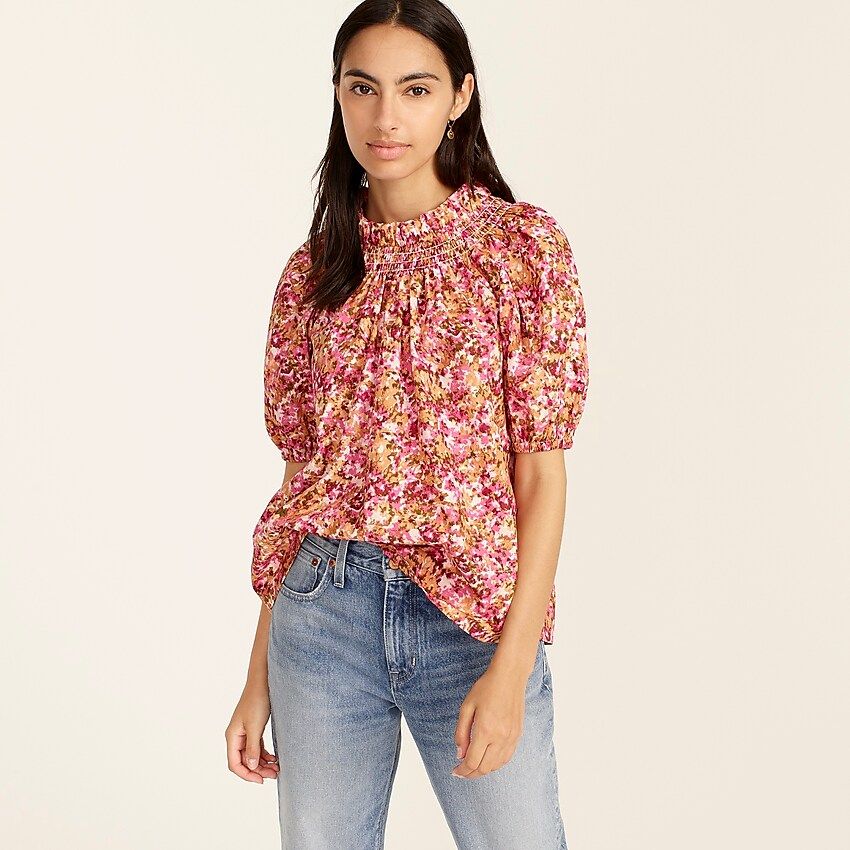 Smocked neck puff-sleeve top in pink camo | J.Crew US