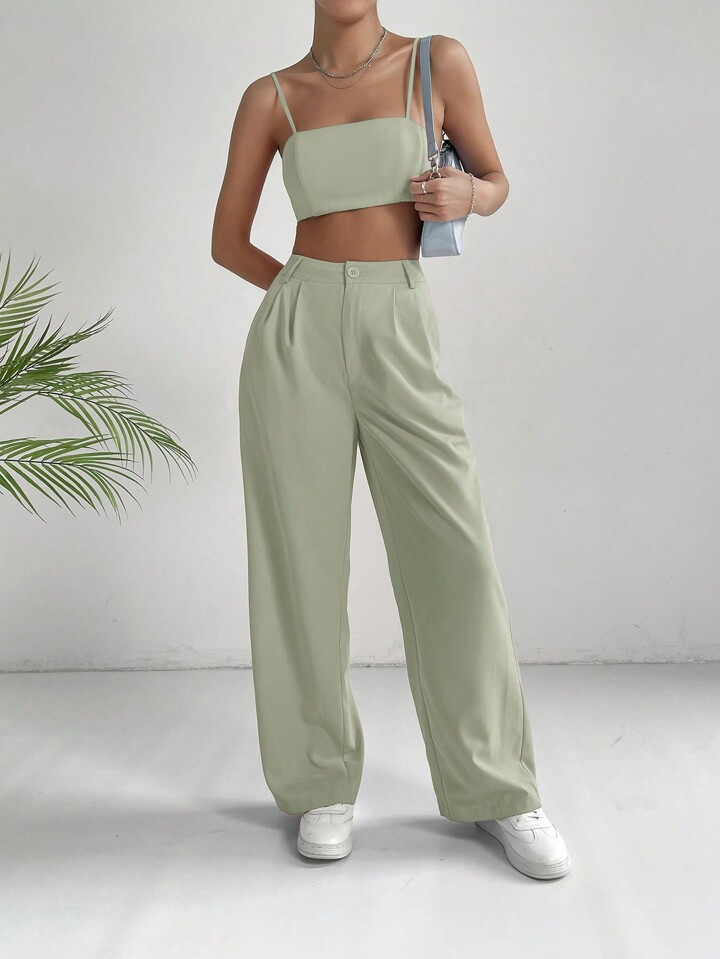 SHEIN EZwear Commuting Style Pink Solid Crop Cami Top & Wide Leg Pants | SHEIN