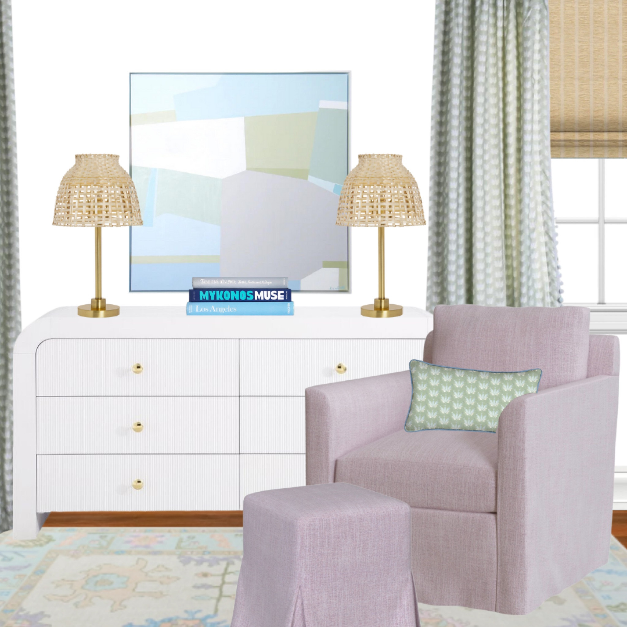 Interior design inspo; sitting area; swivel chair; ottoman; custom curtains; rattan lamp shade; white dresser; sale finds; oushak rug; abstract art; artist spotlight; living room inspo; pretty interiors

#LTKhome #LTKsalealert