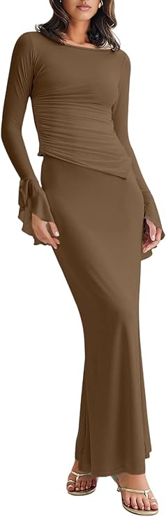 Lrady Womens 2 Piece Sets Long Sleeve Crewneck Cropped Top Slim High Waist Party Maxi Pencil Skir... | Amazon (US)