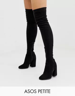 ASOS DESIGN Petite Korey heeled thigh high boots in black | ASOS (Global)