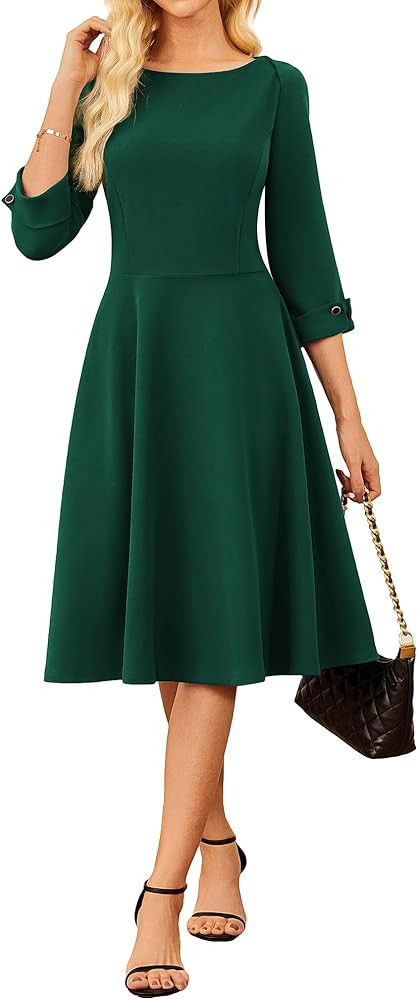 GRACE KARIN Work Dresses for Women 2025 3/4 Sleeve Fit and Flare Business Midi Dress Classy Offic... | Amazon (US)