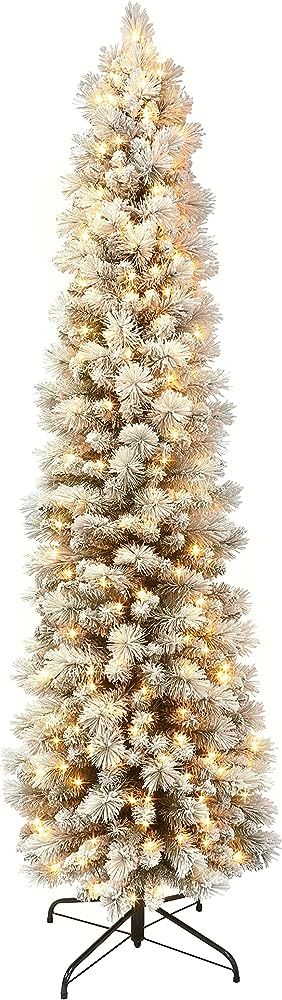 Puleo International 6.5 Foot Pre-Lit Flocked Portland Pine Pencil Artificial Christmas Tree with ... | Amazon (US)