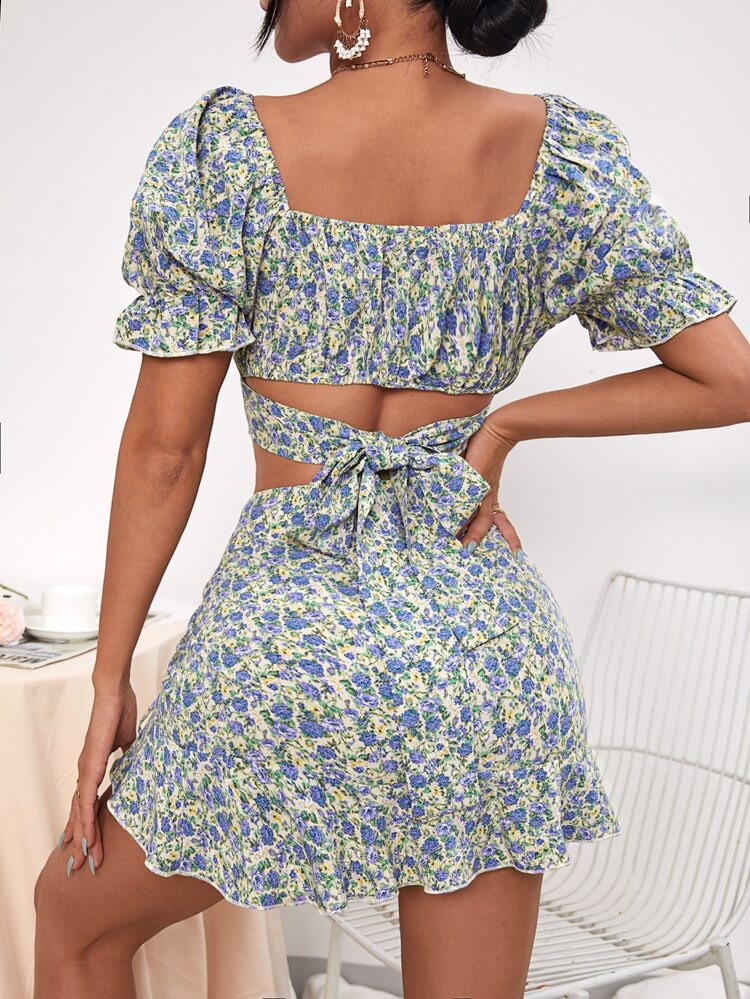 Sweetheart Neck Puff Sleeve Top & Ditsy Floral Skirt Set | SHEIN