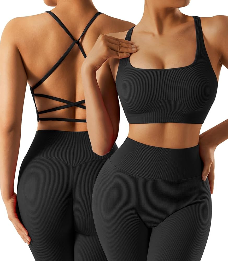 OMKAGI Women Ribbed Workout Sets Seamless Strappy Sport Bra Butt Lifting Leggings Outfits | Amazon (US)