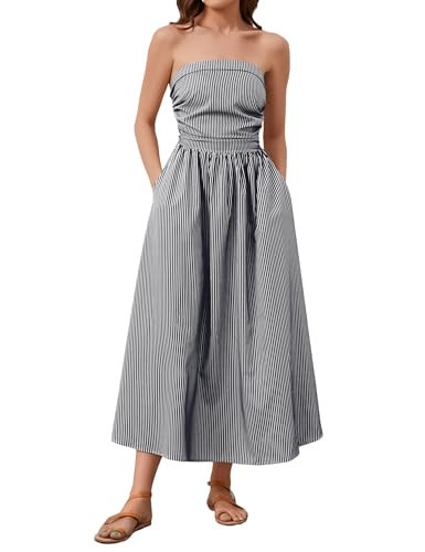 Dsewpaur Striped Strapless Maxi Dress for Women Sleeveless Flowy Long Dress Summer Casual Tube Dress with Pocket Black | Amazon (US)
