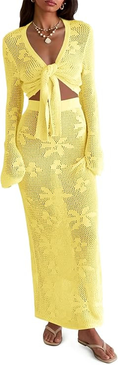 Saodimallsu Womens Crochet Swim Cover Up 2 Piece V Neck Long Sleeve Wrap Tie Crop Tops Beach Boho... | Amazon (US)