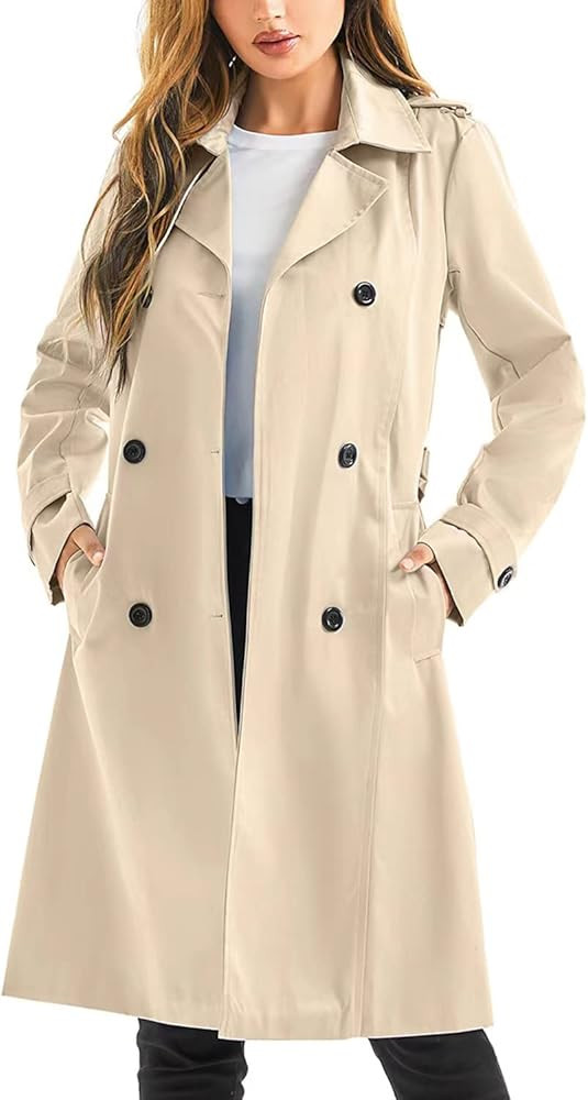 FARVALUE Women's Waterproof Trench Coat Long Double Breasted Windbreaker Classic Belted Lapel Ove... | Amazon (US)