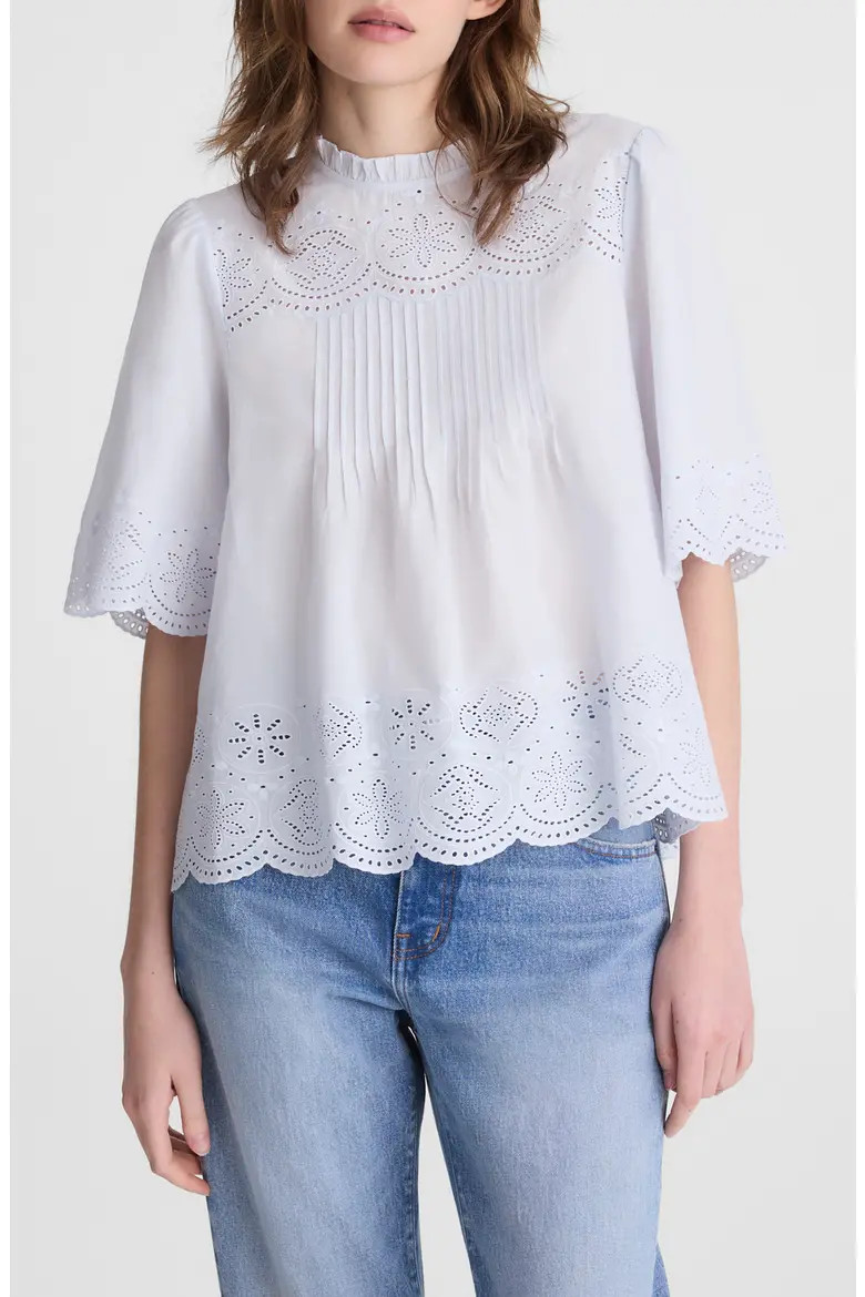 Embroidered Pintuck High Neck Cotton Voile Top (Women) | Nordstrom | Nordstrom