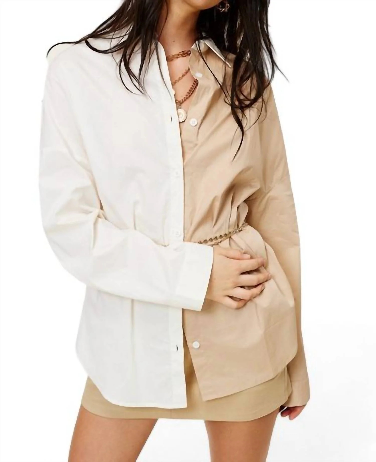 Lily Colorblock Button Down Shirt In Beige | Shop Simon