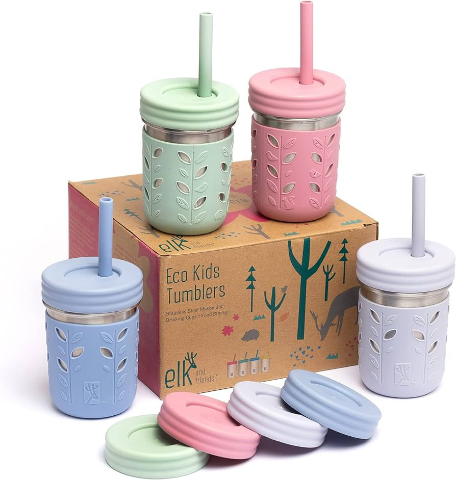 Elk and Friends Stainless Steel Cups | Mason Jar 10oz | Kids & Toddler Cups with Silicone Sleeves... | Amazon (US)