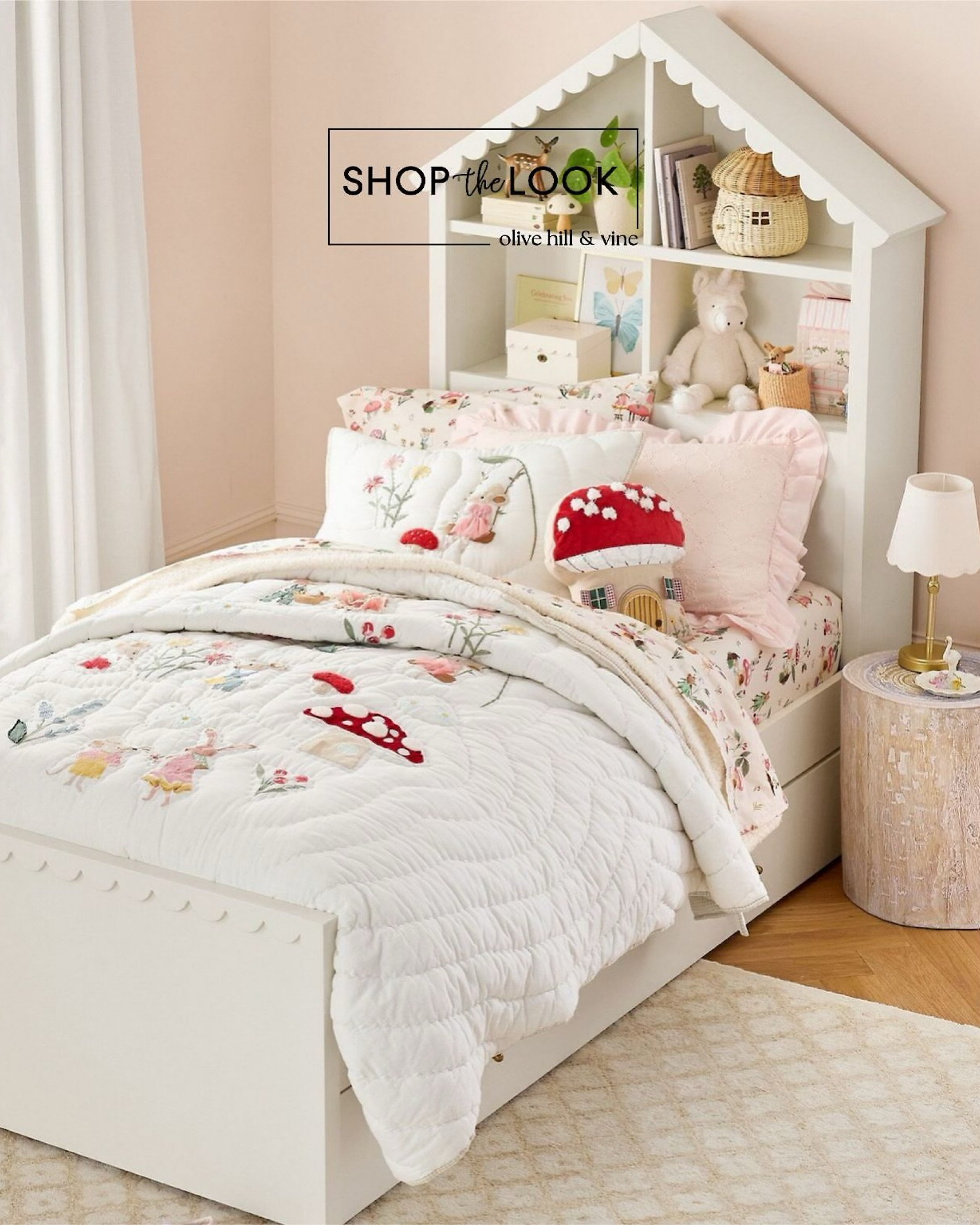 Whimsy takes center stage in this garden mice-themed girl's bedroom! A charming white dollhouse bed with a trundle and scalloped details pairs perfectly with a wood stump side table, trellis rug, scalloped lamp, and sweet bedding featuring mice and mushrooms. 

#LTKFamily #LTKHome #LTKKids