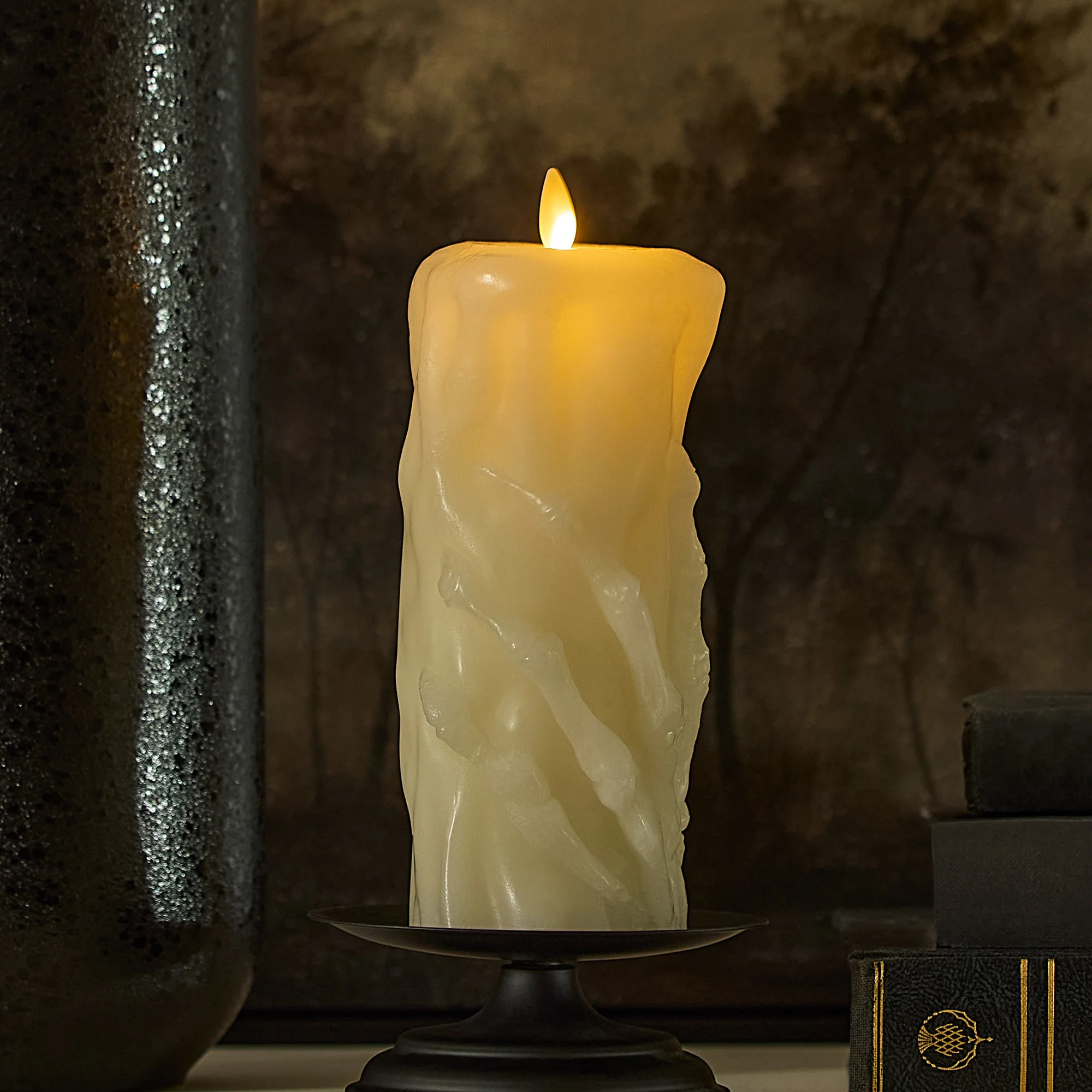 Pearl Ivory Skeleton Hand Flameless Candle Pillar | Luminara