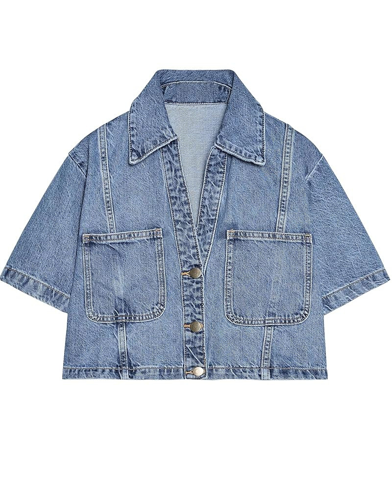 Locachy Women's Cropped Denim Shirt Short Sleeve Lapel Button Down Trucker Jean Jackets Coats Fas... | Amazon (US)