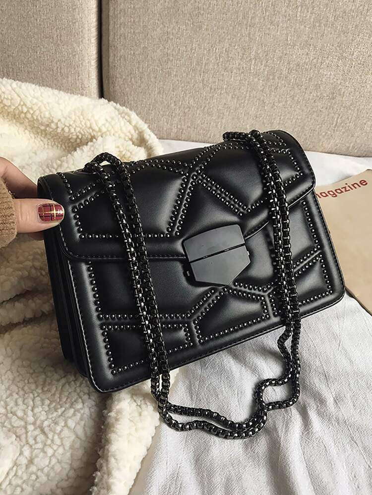 Studded Geometric Graphic Chain Flap Square Bag | SHEIN