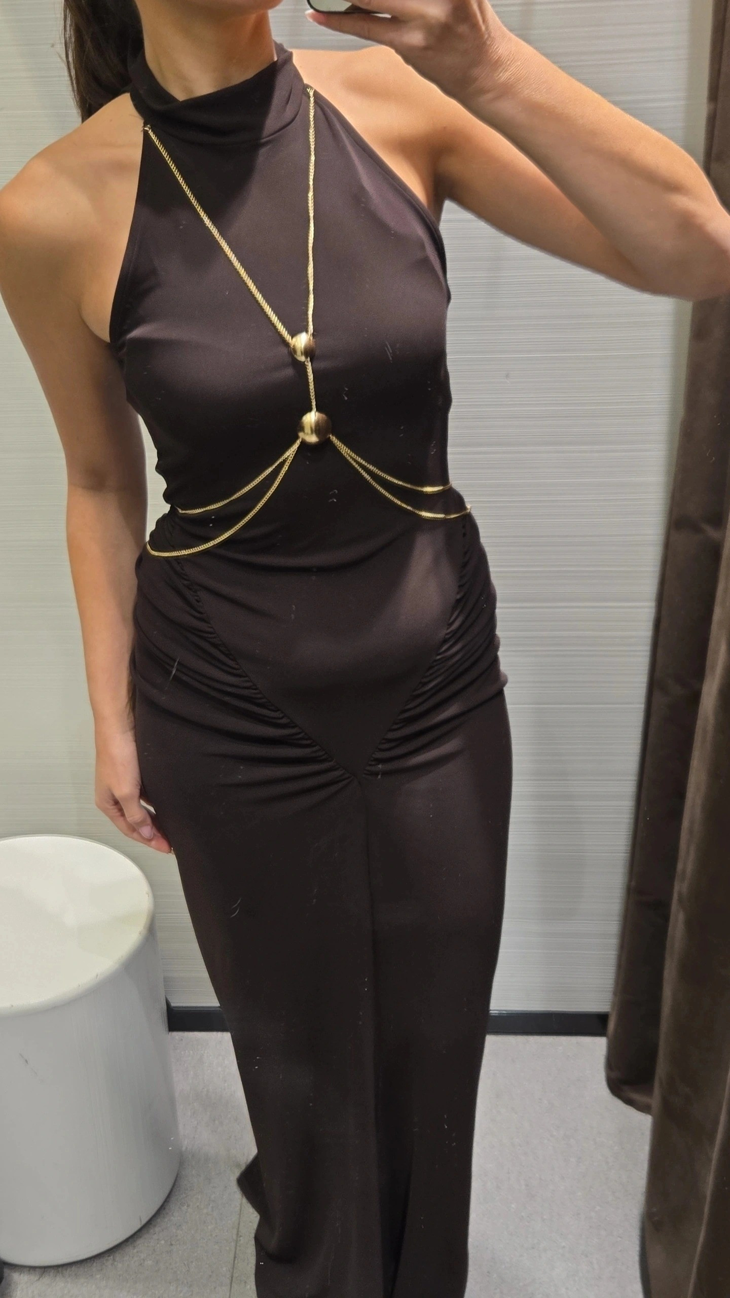 This beautiful brown dress is back in stock and it comes with the gold body chain. Dressy, holiday, party, wedding guest, long.

#LTKWedding #LTKFindsUnder100 #LTKHoliday