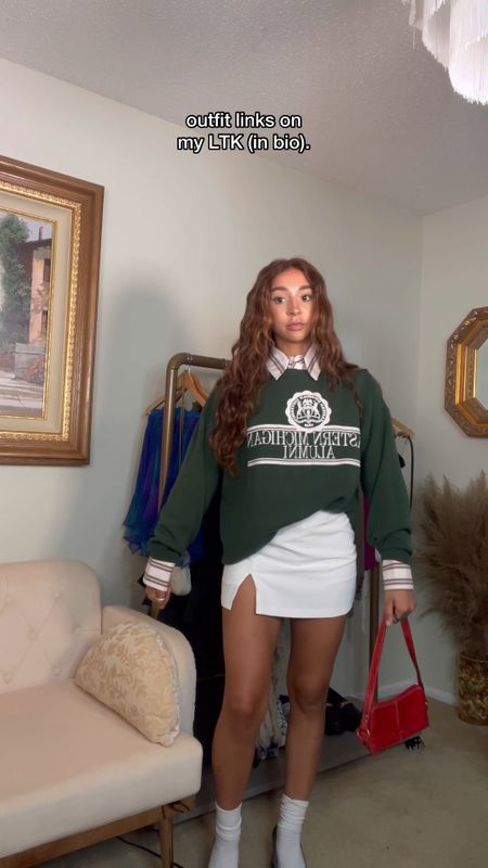 casual winter outfit inspo. | oversized sweatshirt, academia style, Ivy League style, casual chic outfit, white mini skirt outfit, socks with heels 

#LTKSeasonal