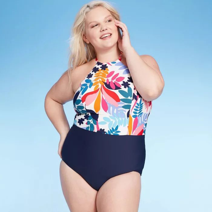 Women's Plus High Neck One Piece Swimwear - Sea Angel Floral White | Target