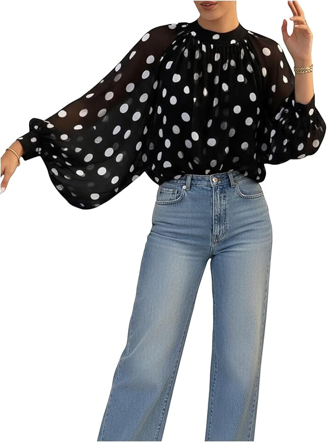 Floerns Women's Polka Dots Bishop Sleeve Shirts Tie Neck Mesh Dressy Casual Blouse Tops | Amazon (US)