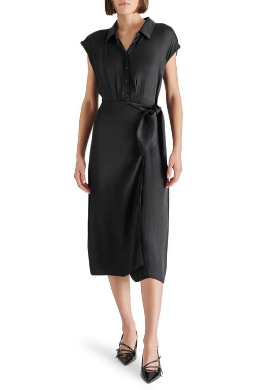 Steve Madden Desiree Faux Wrap Midi Dress in Black at Nordstrom, Size Medium | Nordstrom
