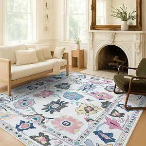 Fame Living Colorful Oushak Rug, Modern, Vintage, Turkish, Eclectic, Floral, Pastel, Washable, Ar... | Amazon (US)