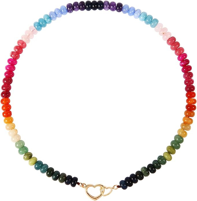 Handmade Beaded Gemstone Choker Necklace for Women Boho Colorful Rainbow Natural Stone Bead Neckl... | Amazon (US)