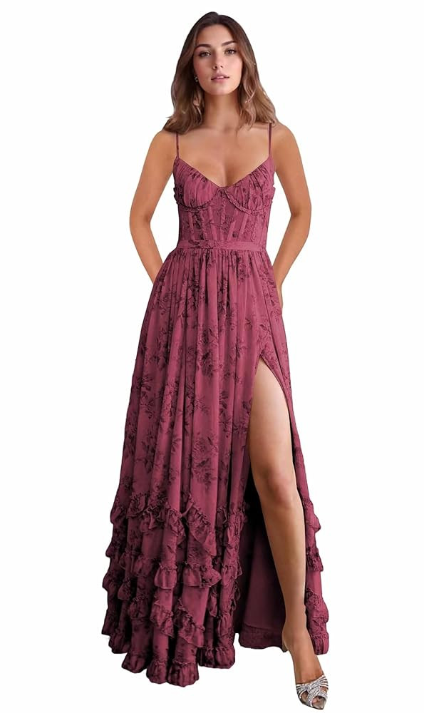 Floral Printed Ruffle Bridesmaid Dress with Slit Spaghetti Straps V Neck Chiffon Formal Evening M... | Amazon (US)