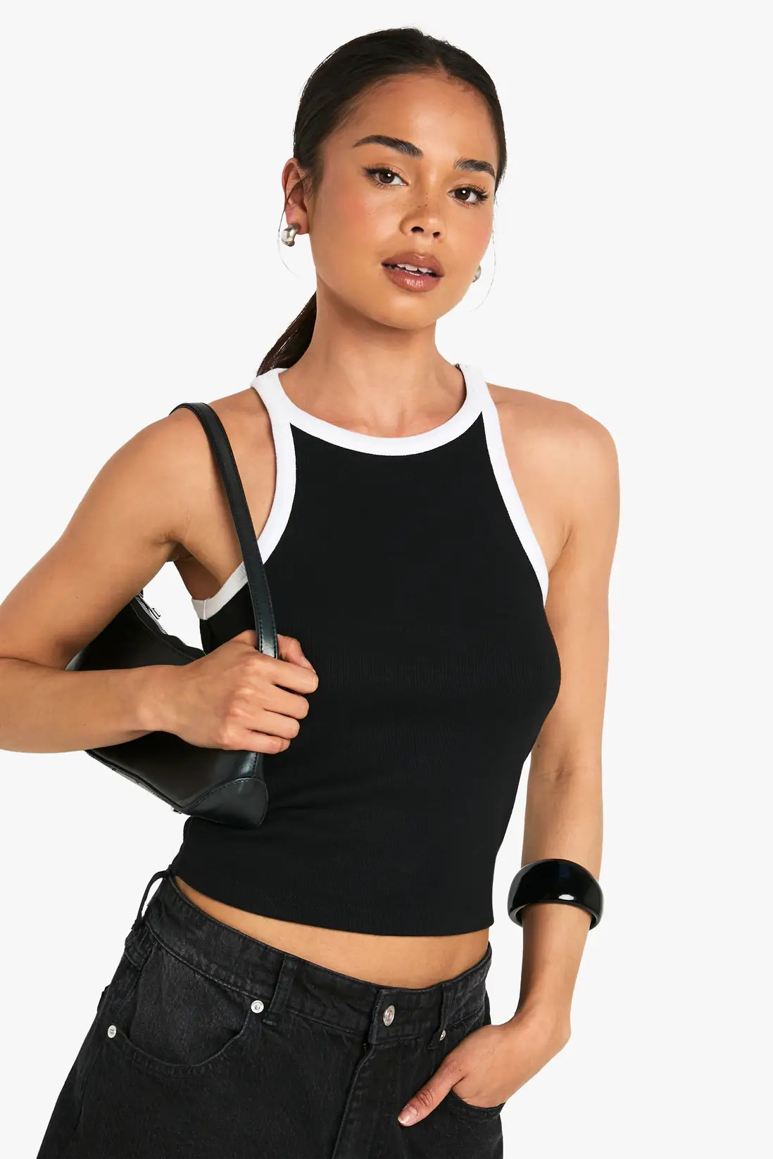 Black Rib Contrast Binding Racer Neck Vest Top | Boohoo USA | boohoo (US & Canada)