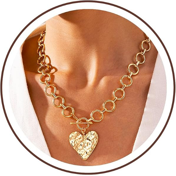 Robaice Chunky Heart Necklace for Women\uff0c14K Plated Gold Chain Necklaces | Amazon (US)