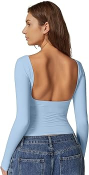 QINSEN Women's Sexy Open Back Long Sleeve Shirts High Neck Double Lined Tees Fitted Going Out Top... | Amazon (US)