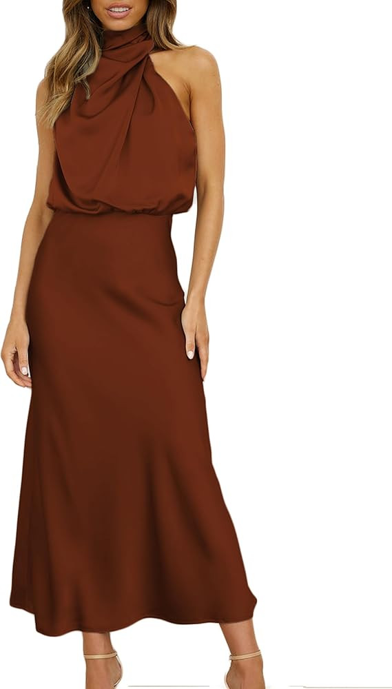 Women's 2024 Summer Satin High Neck Dress Silk Elegant Sleeveless Mock Neck Cocktail Party Formal... | Amazon (US)