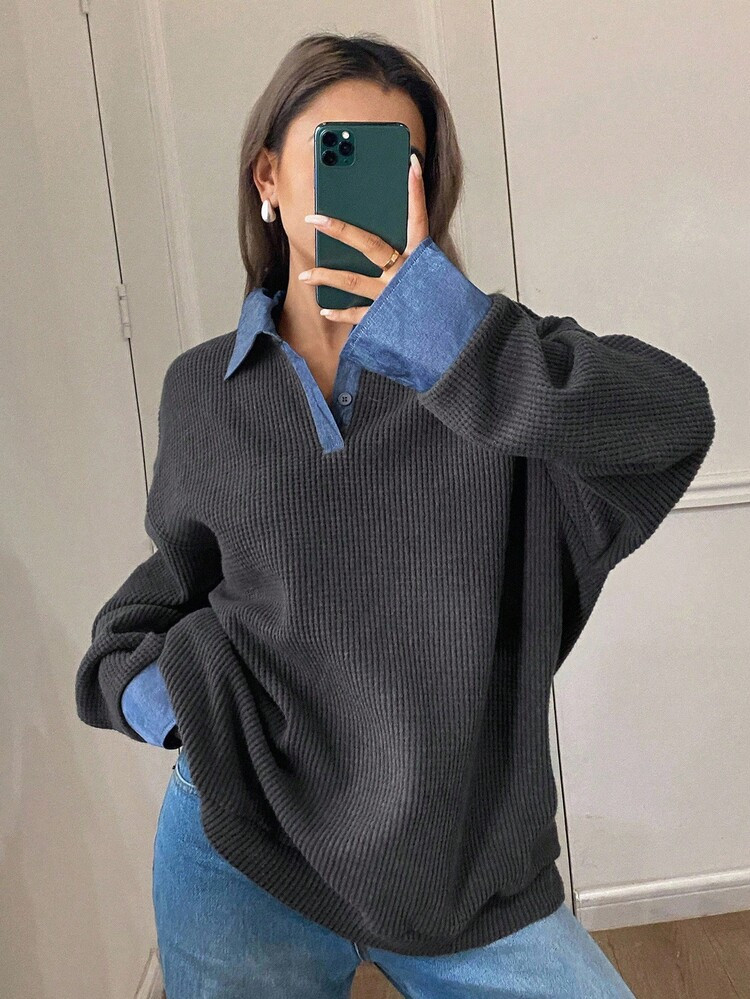 DAZY Women's Contrast Texture Loose Long Sleeve Pullover Sweater, Casual Street Style | SHEIN