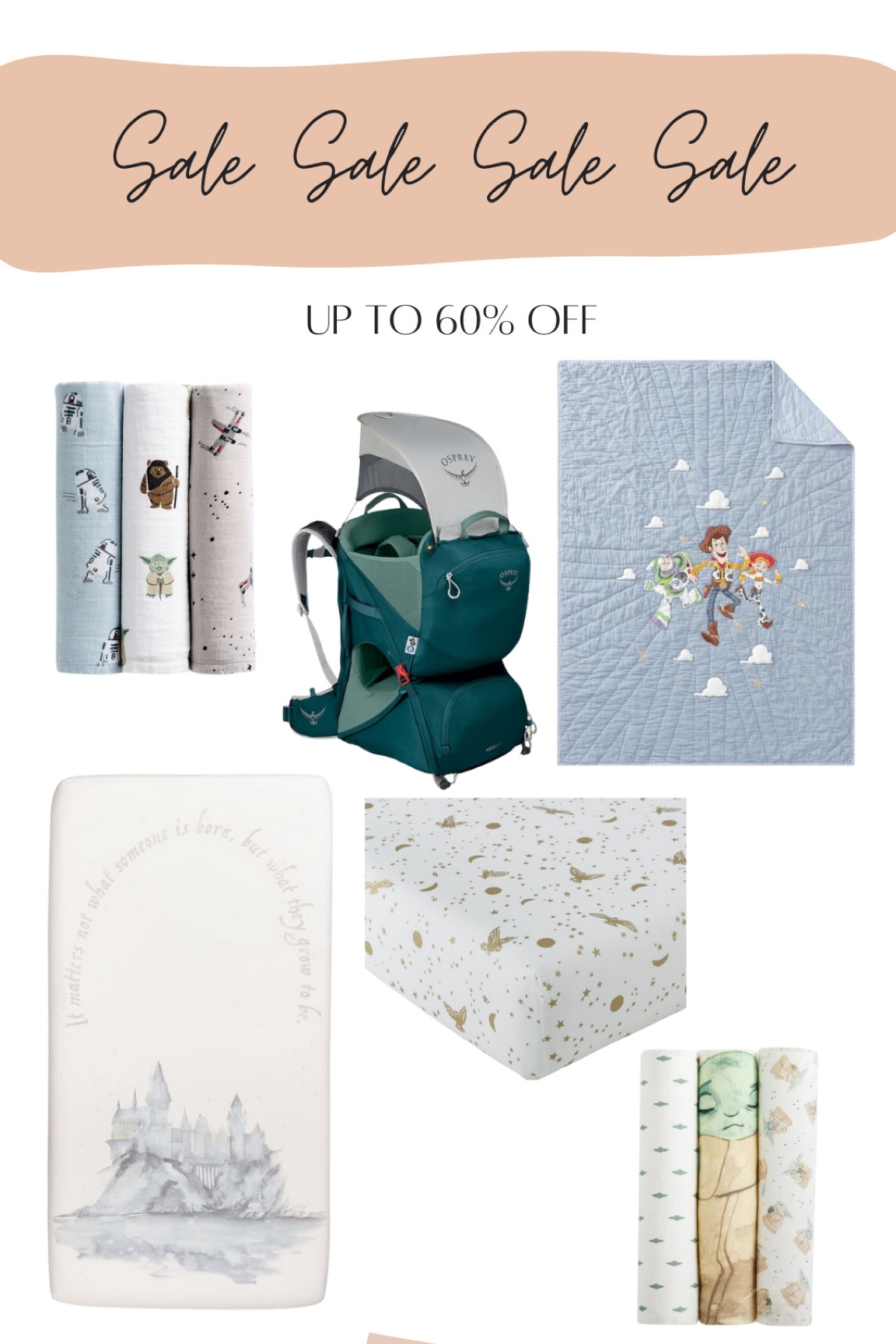 Pottery Barn kids sale - up to 60% off
Harry Potter crib sheet, Star Wars Muslim swaddles, Toy Story  quilt, hiking child carrier, Memorial Day sale

#LTKBaby #LTKKids #LTKSaleAlert