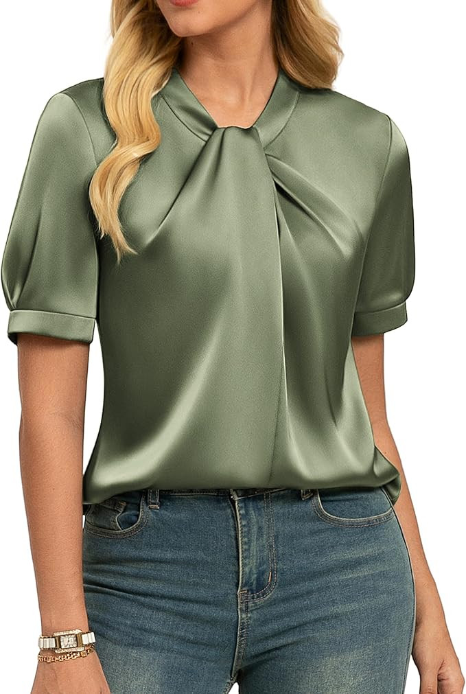 GRACE KARIN 2026 Women Satin Tops Short Sleeve Blouse Mock Neck Work Silk Shirts Business Casual ... | Amazon (US)