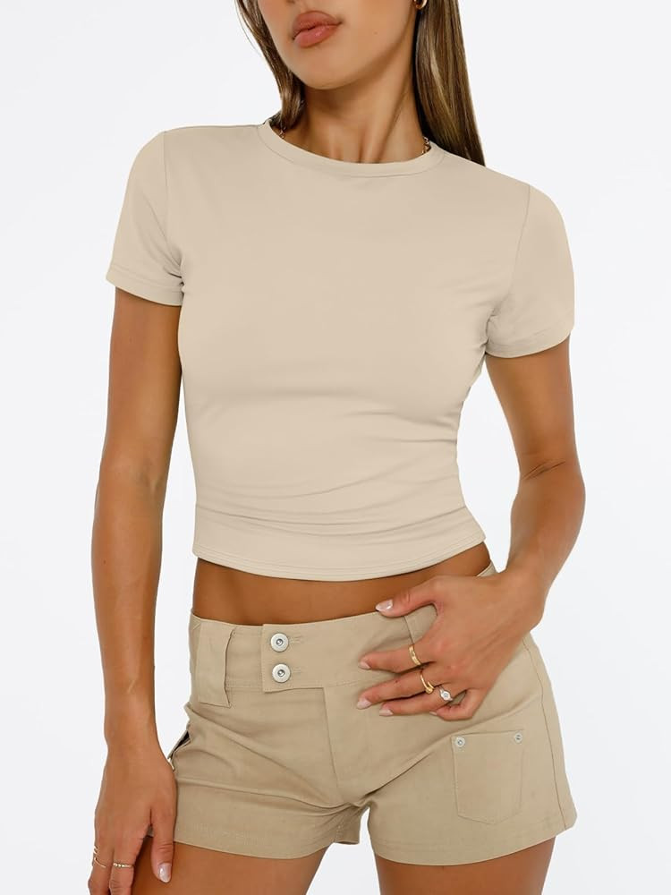 Trendy Queen Womens Basic T Shirts Summer Tops 2025 Short Sleeve Crop Tops Slim Fit Gym Workout Y... | Amazon (US)