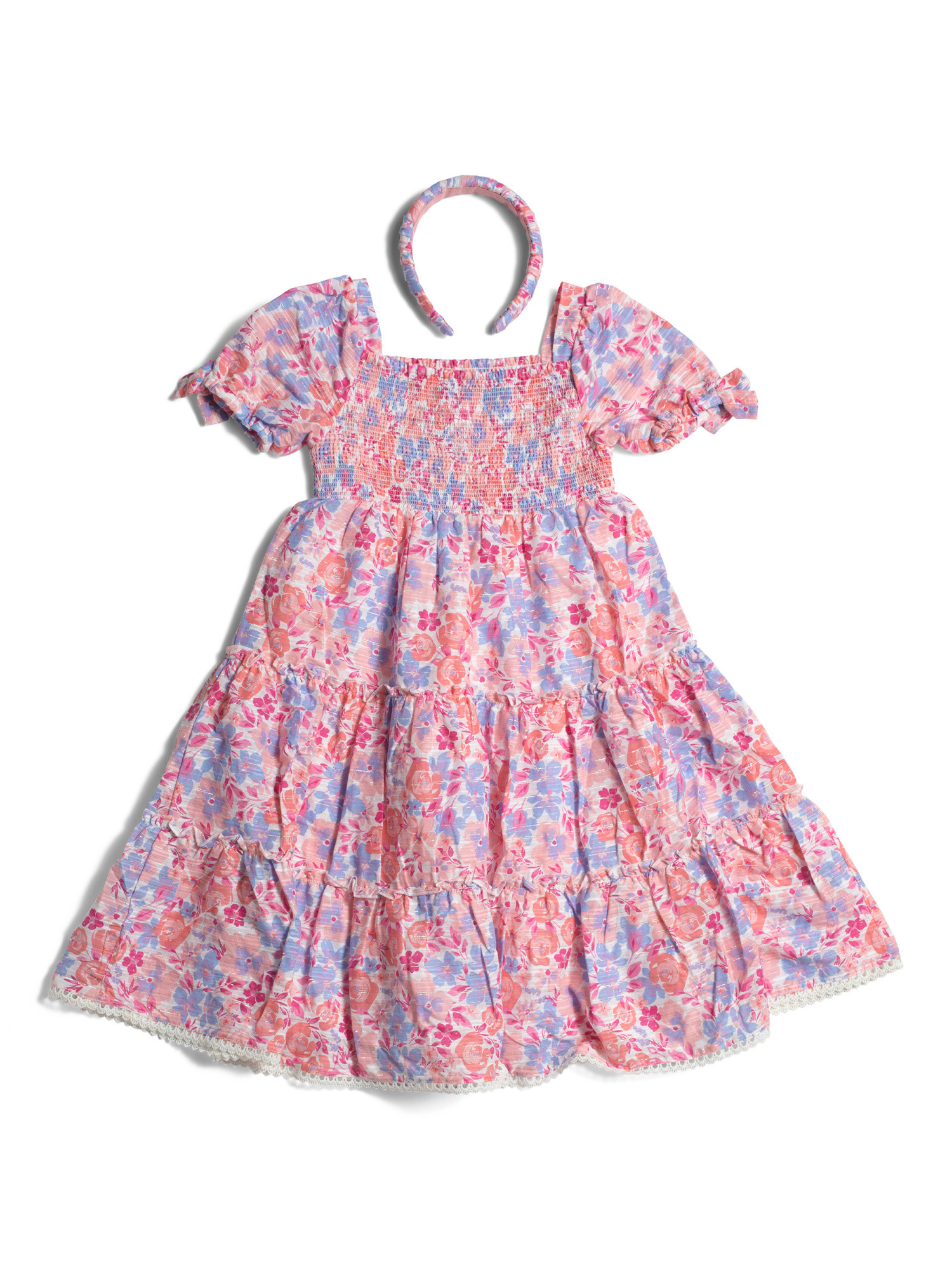 Girls Puff Sleeve Printed Tiered Midi Dress With Headband | TJ Maxx