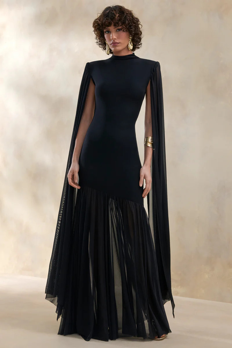 Chantelle  Black High-Neck Maxi Dress With Drop-Waist And Cape-Sleeves | Club L London