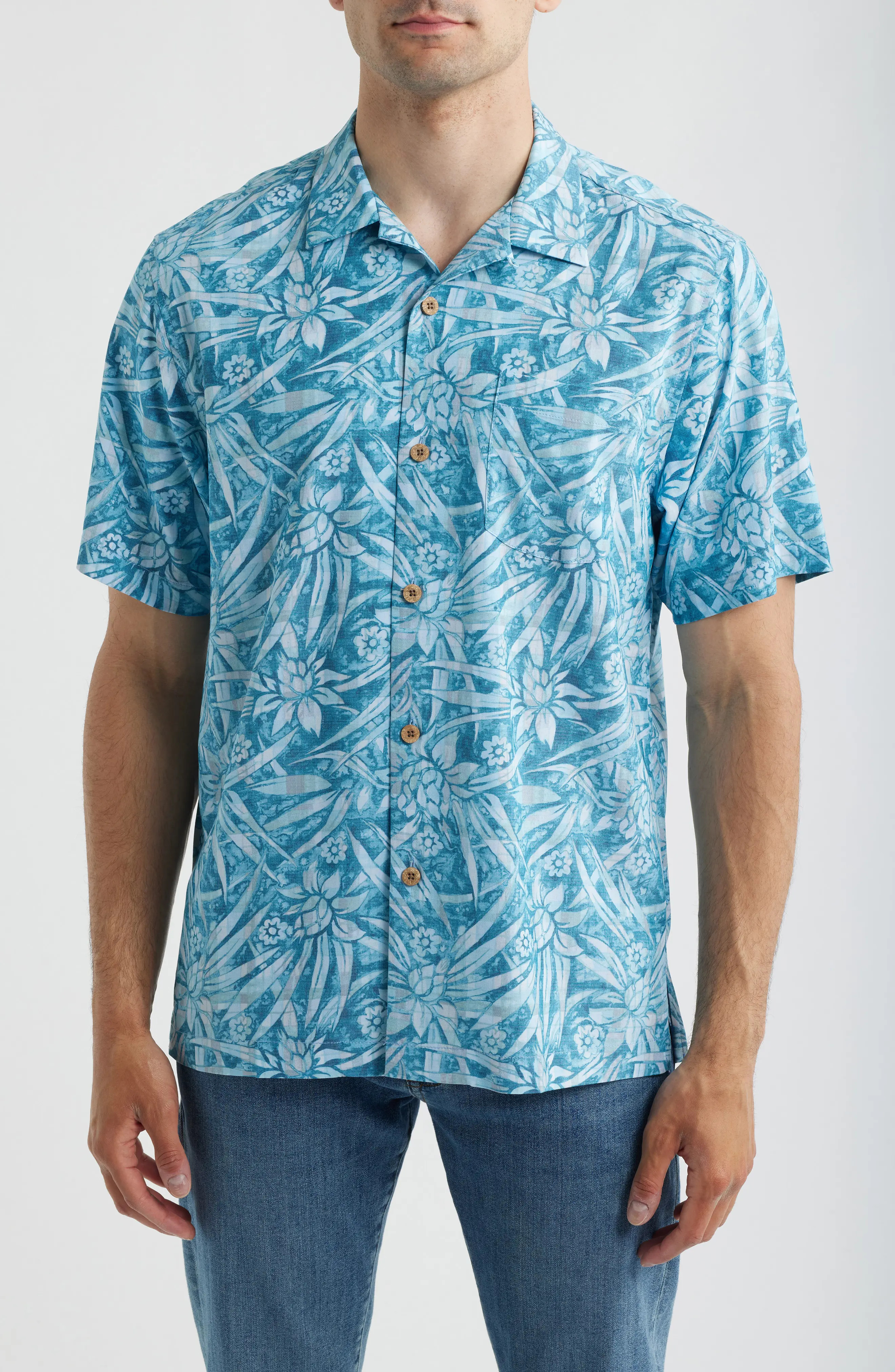 Tommy Bahama Coastal Ease Aqua Flora IslandZone® Camp Shirt in Milky Blue at Nordstrom, Size X-Large | Nordstrom