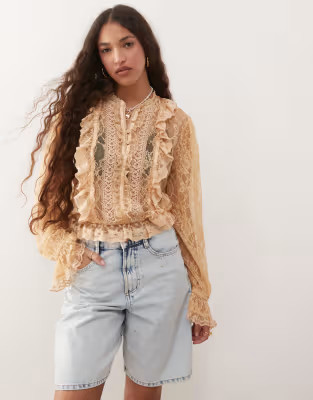 Miss Selfridge lace trim button through heritage blouse in cream | ASOS (Global)